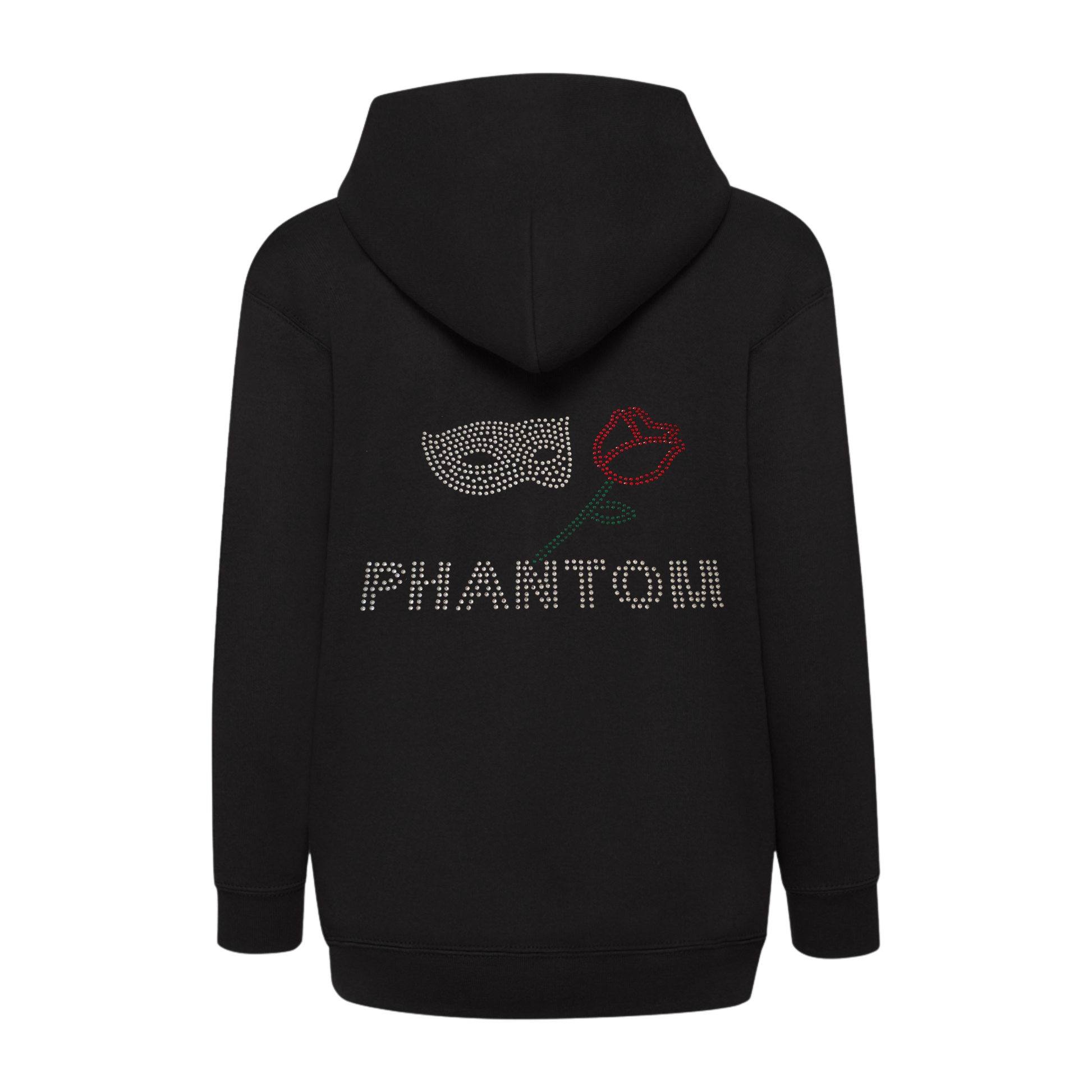 BLACK COTTON PULLOVER HOODIE, ON THE BACK PHANTOM LETTERING, ABOVE THIS A SILVER MASK AND RED ROSE WITH GREEN STEM AND LEAF.
THE DESIGN IS MADE UP OF HOT FIX RHINESTONES THAT HEAT PRESSED AND CATCH THE LIGHT BEAUTIFULLY