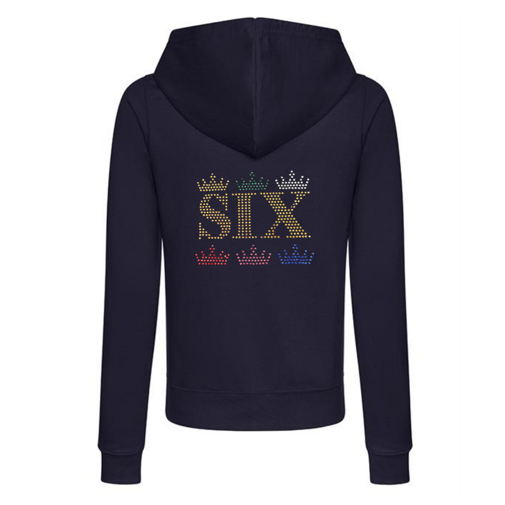 NAVY ZIP UP HOODIE ON THE BACK THERE IS GOLD SIX LETTERING, ABOVE AND BELOW THE LETTERING ARE THREE CROWNS A COLOUR FOR EACH QUEEN. SO A GOLD, GREEN AND SILVER CROWN ABOVE AND A RED, PINK AND BLUE CROWN BELOW. THE DESIGN IS MADE UP OF HOT FIX RHINESTONES THAT HEAT PRESSED AND CATCH THE LIGHT BEAUTIFULLY

