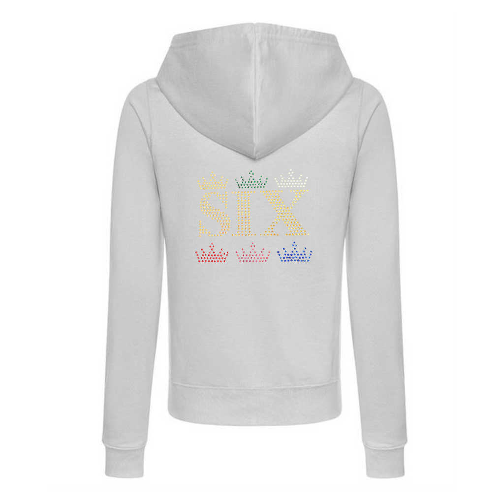GREY ZIP UP HOODIE ON THE BACK THERE IS GOLD SIX LETTERING, ABOVE AND BELOW THE LETTERING ARE THREE CROWNS A COLOUR FOR EACH QUEEN. SO A GOLD, GREEN AND SILVER CROWN ABOVE AND A RED, PINK AND BLUE CROWN BELOW. THE DESIGN IS MADE UP OF HOT FIX RHINESTONES THAT HEAT PRESSED AND CATCH THE LIGHT BEAUTIFULLY

