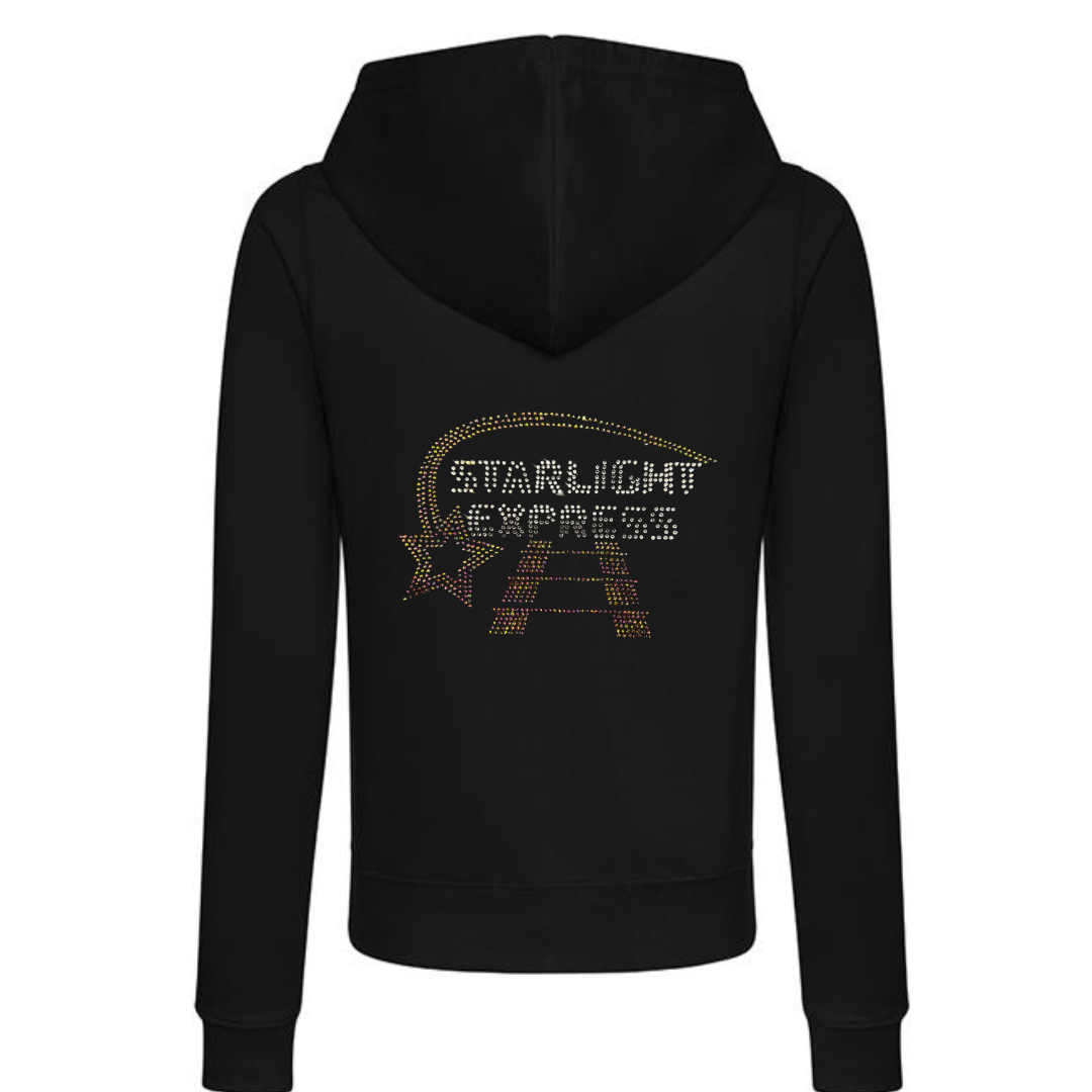 Black pullover hoodie, on the back there is  silver Starlight Express writing with rainbow rose gold starlight trail over the top of the writing and train track underneath.
The design is made up of sparkling hot fix rhinestones that catch the light and sparkle and catch the light beautifully.