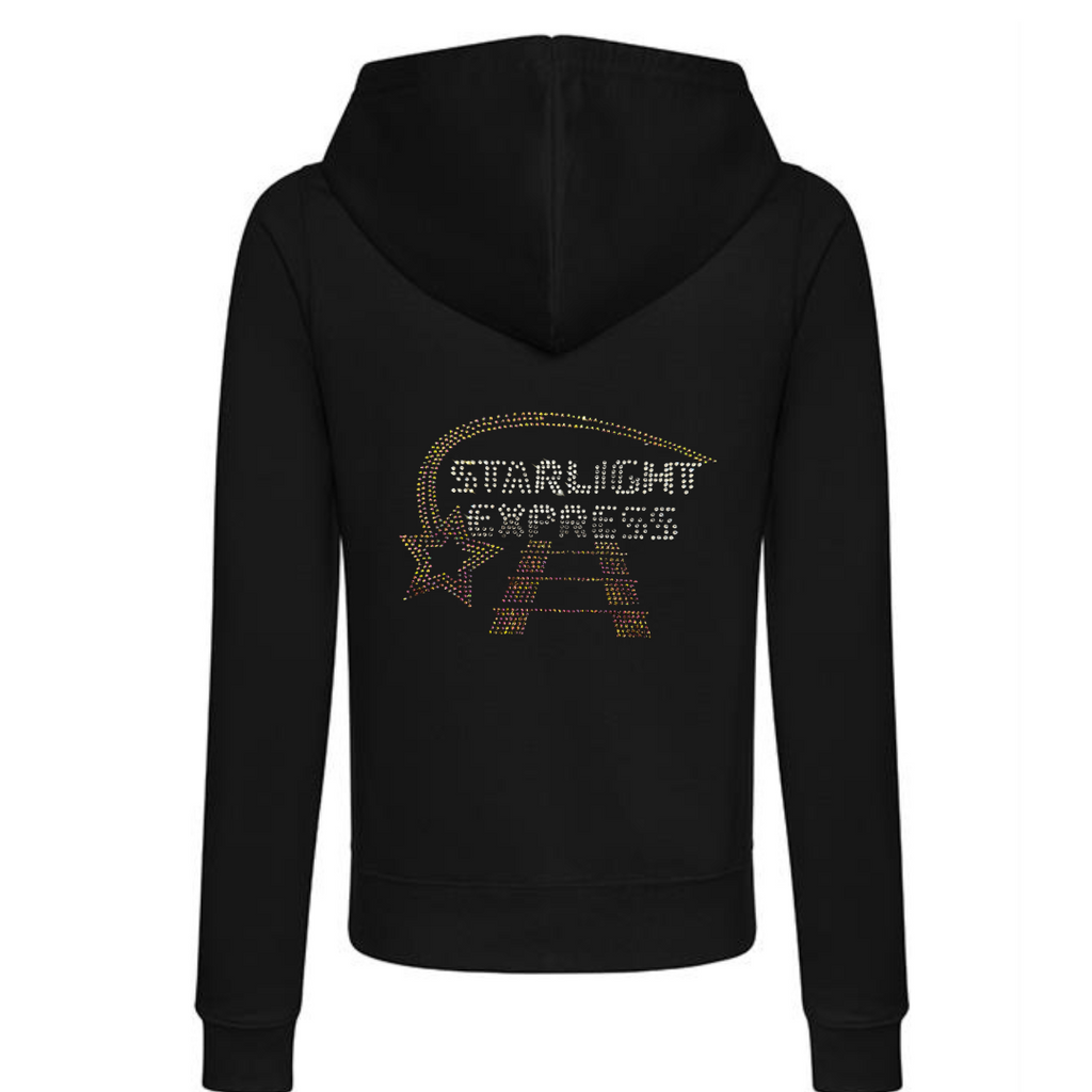 Zip up black hoodie, on the back there is  silver Starlight Express writing with rainbow rose gold starlight trail over the top of the writing and train track underneath,
The design is made up of sparkling hot fix rhinestones that catch the light and sparkle.