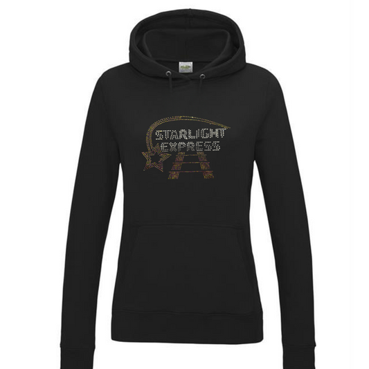Black pullover hoodie, on the front there is  silver Starlight Express writing with rainbow rose gold starlight trail over the top of the writing and train track underneath,
The design is made up of sparkling hot fix rhinestones that catch the light and sparkle.