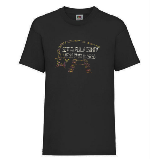 Double sided black t shirt, On the back there is a Starlight trail with a set of roller skates in silver with rainbow rose gold wheels to match the trail. On the front is silver Starlight Express writing with rainbow rose gold starlight trail over the top of the writing and train track underneath,
The design is made up of sparkling hot fix rhinestones that catch the light and sparkle.

